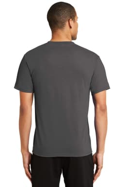 A grey performance blend tee viewed from the back, featuring short sleeves and a casual fit.
