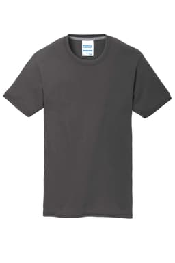 A grey Port & Company Performance Blend Tee with a crew neck and short sleeves, featuring a logo on the label.
