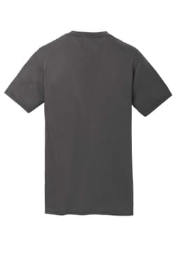 A grey performance blend t-shirt with short sleeves and a plain back. It features a logo on the front.