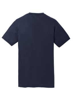 A navy blue performance blend T-shirt featuring short sleeves and a simple design, with a logo on the back.