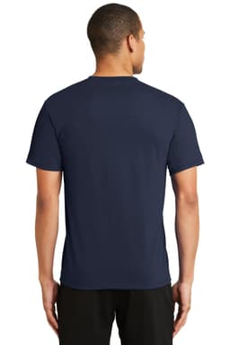 A navy blue t-shirt featuring a logo on the back. The design is simple and casual.