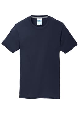 A navy Port & Company Performance Blend Tee, featuring a rounded neck and short sleeves. It has a logo on the label.