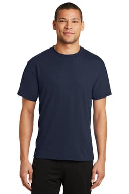 A man wearing a navy blue Port & Company Performance Blend T-Shirt, featuring a simple design and short sleeves.