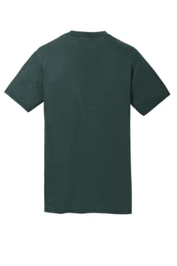 A green performance blend t-shirt with short sleeves and a plain back, featuring a logo.