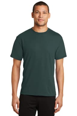 A green Port & Company Performance Blend Tee featuring a classic crew neck and short sleeves. It includes a logo.