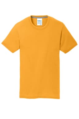 A bright yellow performance blend t-shirt featuring a crew neckline and short sleeves, with a logo at the label.