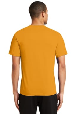 A man wearing a back view of a yellow Port & Company Performance Blend Tee. The shirt has a logo.