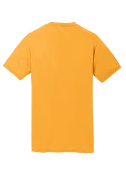 A yellow T-shirt featuring a plain back design and short sleeves, with one logo present.