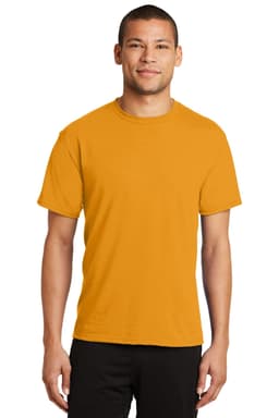 A man wears an orange Port & Company Performance Blend T-Shirt, featuring a simple design and short sleeves.