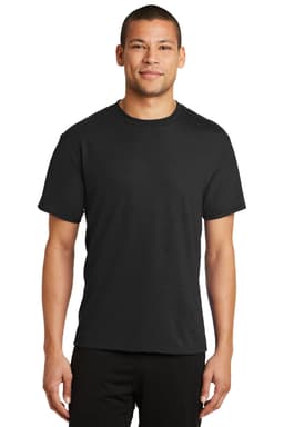 A black performance blend tee worn by a man, featuring a plain design and a branding logo.