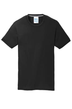 A black t-shirt featuring a round neck and short sleeves, with a logo at the neckline.