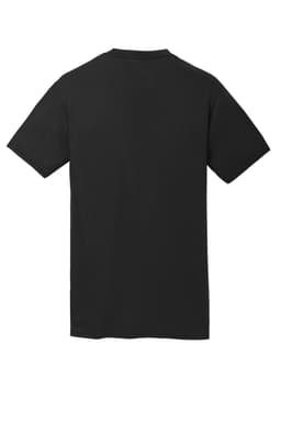 A black t-shirt featuring a simple design with a logo on the back. Suitable for casual wear.