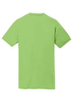 A back view of a lime green Port & Company Performance Blend Tee with short sleeves. The shirt features a logo.