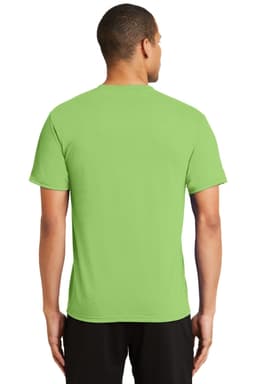 A man wearing a green Port & Company Performance Blend T-Shirt, viewed from the back, featuring a logo.