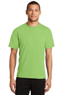 A green Port & Company Performance Blend Tee worn by a man, featuring a logo on the shirt.