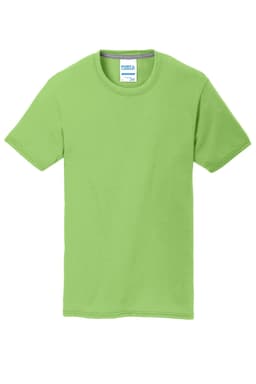 A bright green t-shirt with short sleeves, featuring a label with branding on the neckline.