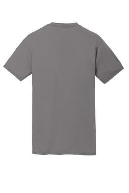 A grey t-shirt featuring short sleeves and a crew neck, displayed from the back. It has a logo or branding on it.