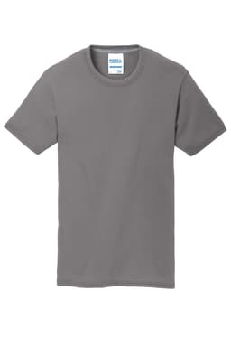 A grey short-sleeve t-shirt made from a performance blend fabric, featuring a logo.