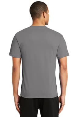 A grey performance blend T-shirt viewed from the back, featuring short sleeves and a logo.
