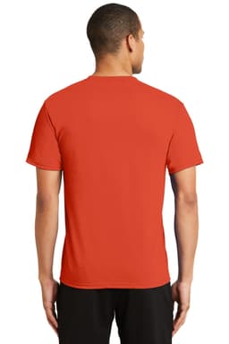 A red performance blend t-shirt featuring a smooth back design and a logo on the back.
