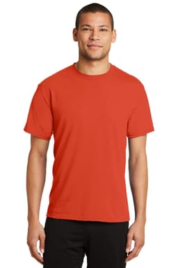 A red performance blend t-shirt, featuring a crew neck and short sleeves, with a logo on the front.