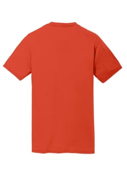A red performance blend T-shirt featuring short sleeves and a plain back. The shirt has a logo on it.