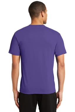 A purple performance blend T-shirt displayed from the back, featuring a logo on the upper back.