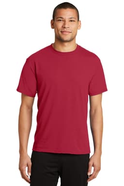 A red performance blend T-shirt with short sleeves and a round neckline, featuring a logo.
