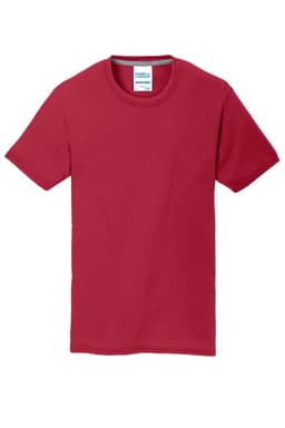A red Port & Company Performance Blend Tee with a crew neck and short sleeves, featuring a logo.