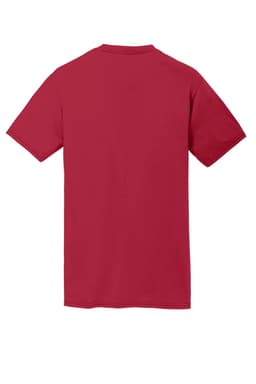 A red performance blend T-shirt featuring short sleeves and a plain back design. It has a logo on the label.