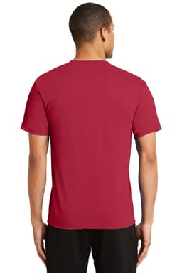 A red performance blend tee with short sleeves, featuring a logo on the back.