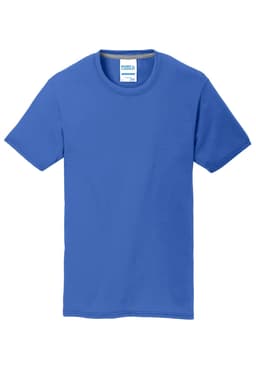 A blue Port & Company Performance Blend Tee featuring short sleeves and a round neck. It has a logo.