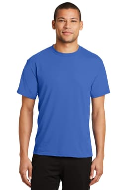 A blue performance blend t-shirt on a male model, featuring short sleeves and a round neckline.