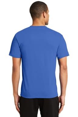 A blue performance blend T-shirt featuring a logo, viewed from the back.