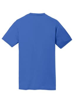 A blue Port & Company Performance Blend Tee shirt viewed from the back, featuring a simple design and a logo.