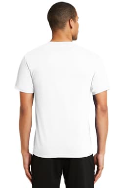 A plain white performance blend t-shirt viewed from the back, featuring short sleeves and a subtle logo.