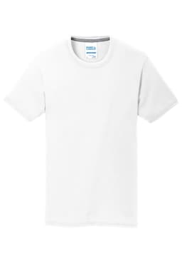A white performance blend t-shirt featuring short sleeves and a round neckline, with a branding label inside.