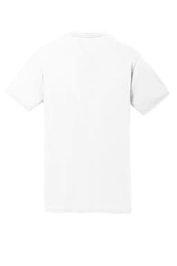 A white performance blend t-shirt with short sleeves and a logo on the back.