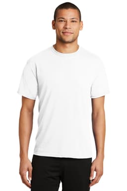 A white performance blend T-shirt designed for comfort, featuring a simple crew neck and short sleeves.