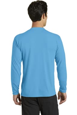 A long sleeve performance blend tee in bright blue, featuring a logo, shown from the back.