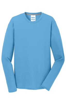 A long sleeve performance blend tee in a vibrant sky blue colour, featuring a logo on the label.