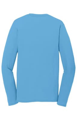 A light blue long sleeve performance blend tee with a smooth back design and a logo.