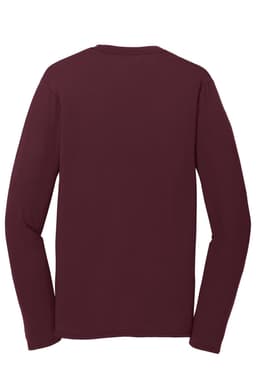 A maroon long sleeve performance blend tee with a plain back and fitted sleeves. Features a logo.