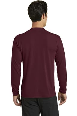 A long sleeve performance blend tee in maroon, featuring a simple design and a logo on the back.