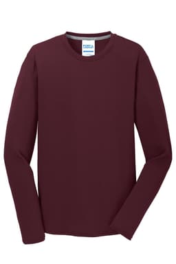 A long sleeve performance blend tee in a rich burgundy colour, featuring a logo on the label.
