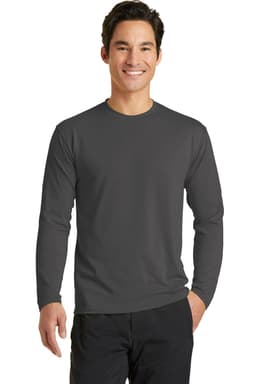 A long sleeve performance blend tee in dark grey, featuring a simple design and a logo.