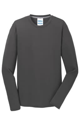 A long sleeve performance blend tee in dark grey with a logo on the label.