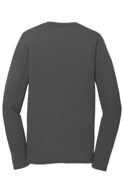 A grey long sleeve performance blend tee, featuring a simple design and a logo on the back.