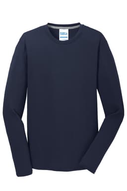 A long sleeve performance blend tee in navy blue, featuring a logo on the label.