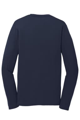 A long sleeve performance blend tee in navy blue, featuring a simple design and a logo.